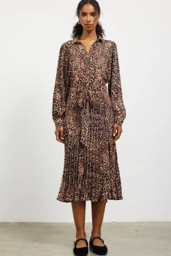 SKIES ARE BLUE Midi Dresses*Leopard Print Shirt Midi Dress Camel-black