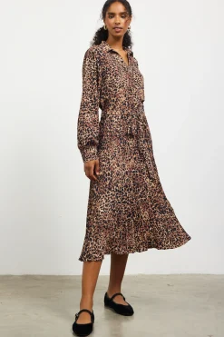 SKIES ARE BLUE Midi Dresses*Leopard Print Shirt Midi Dress Camel-black