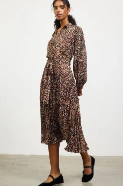 SKIES ARE BLUE Midi Dresses*Leopard Print Shirt Midi Dress Camel-black