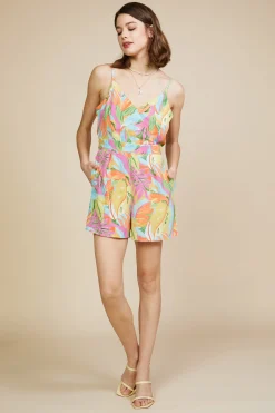 SKIES ARE BLUE Jumpsuits*Lily Back Tie Surplice Romper Pink-iceblue
