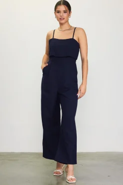 SKIES ARE BLUE Jumpsuits*Linen Blend Shoulder Strap Jumpsuit Navy