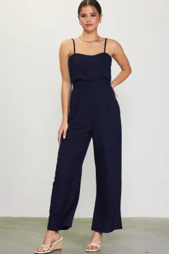 SKIES ARE BLUE Jumpsuits*Linen Blend Shoulder Strap Jumpsuit Navy