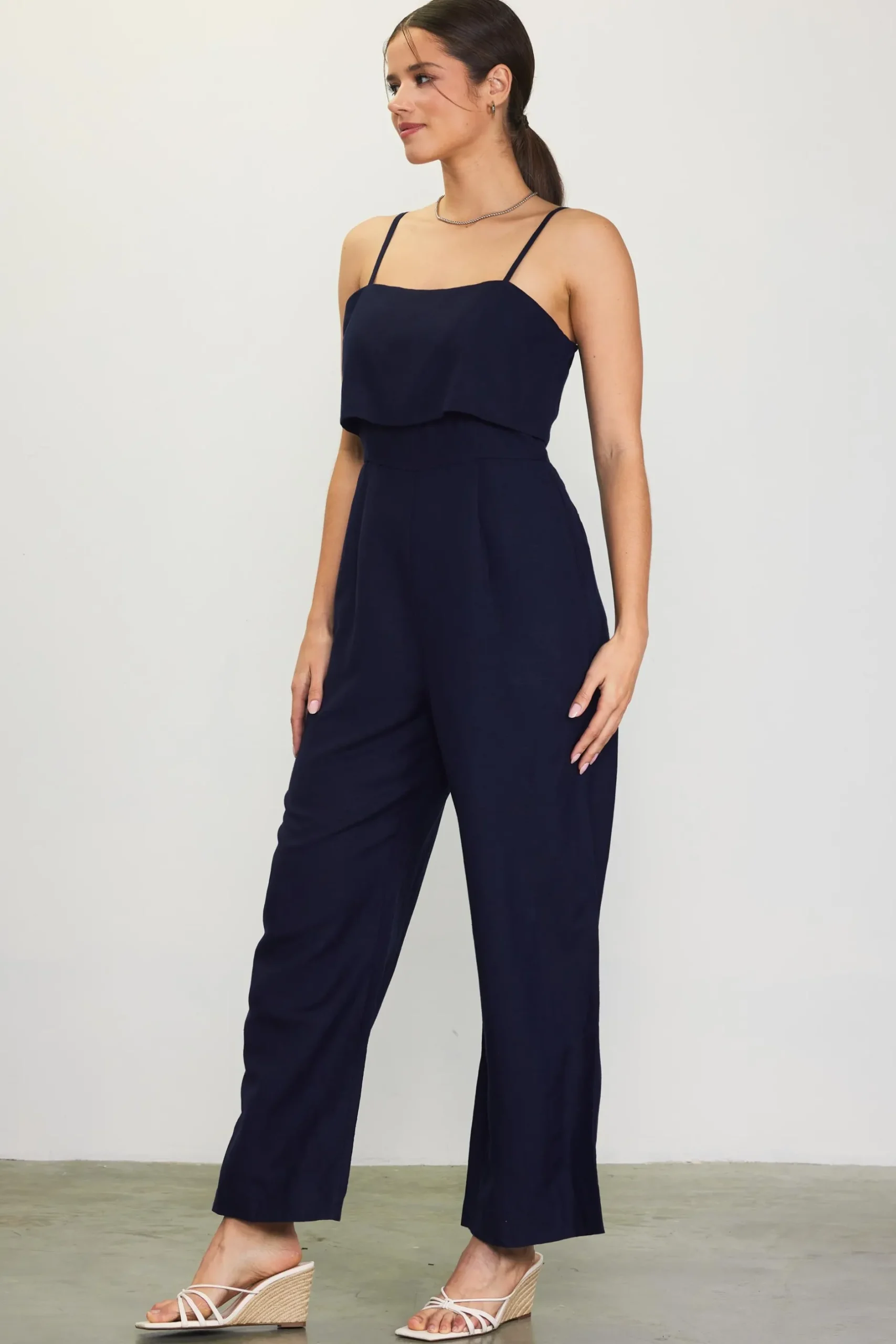 SKIES ARE BLUE Jumpsuits*Linen Blend Shoulder Strap Jumpsuit Navy