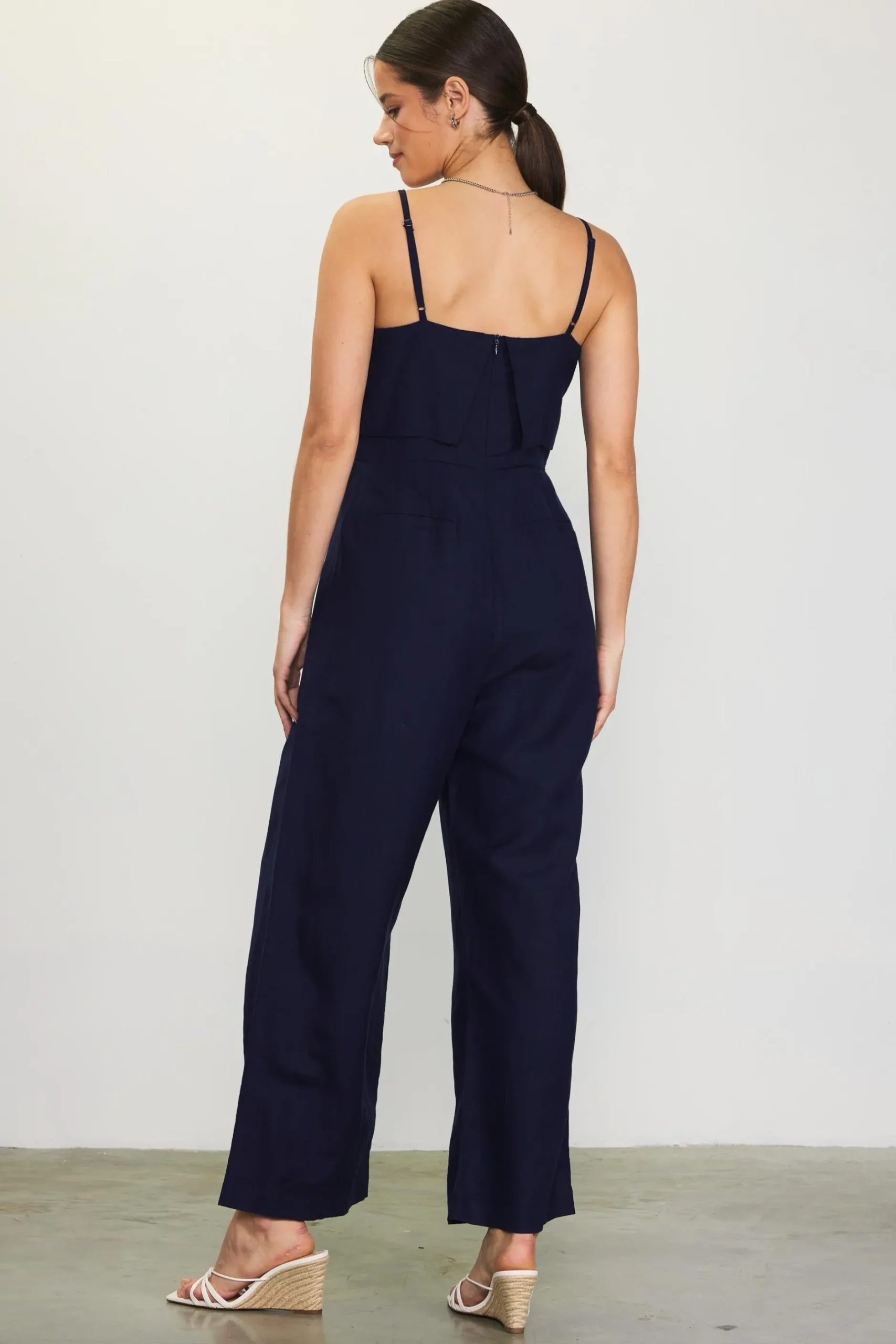 SKIES ARE BLUE Jumpsuits*Linen Blend Shoulder Strap Jumpsuit Navy