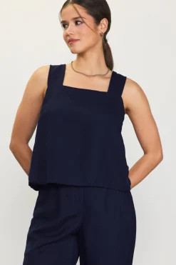 SKIES ARE BLUE Sleeveless Tops*Linen Blend Square Neck Tank Top Navy