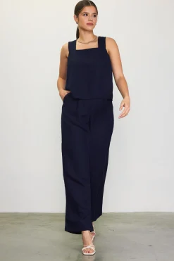 SKIES ARE BLUE Sleeveless Tops*Linen Blend Square Neck Tank Top Navy