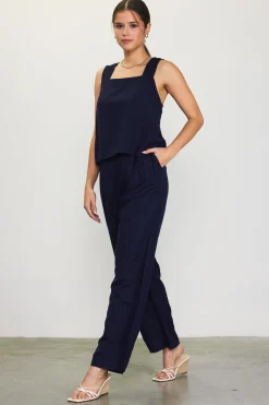 SKIES ARE BLUE Sleeveless Tops*Linen Blend Square Neck Tank Top Navy