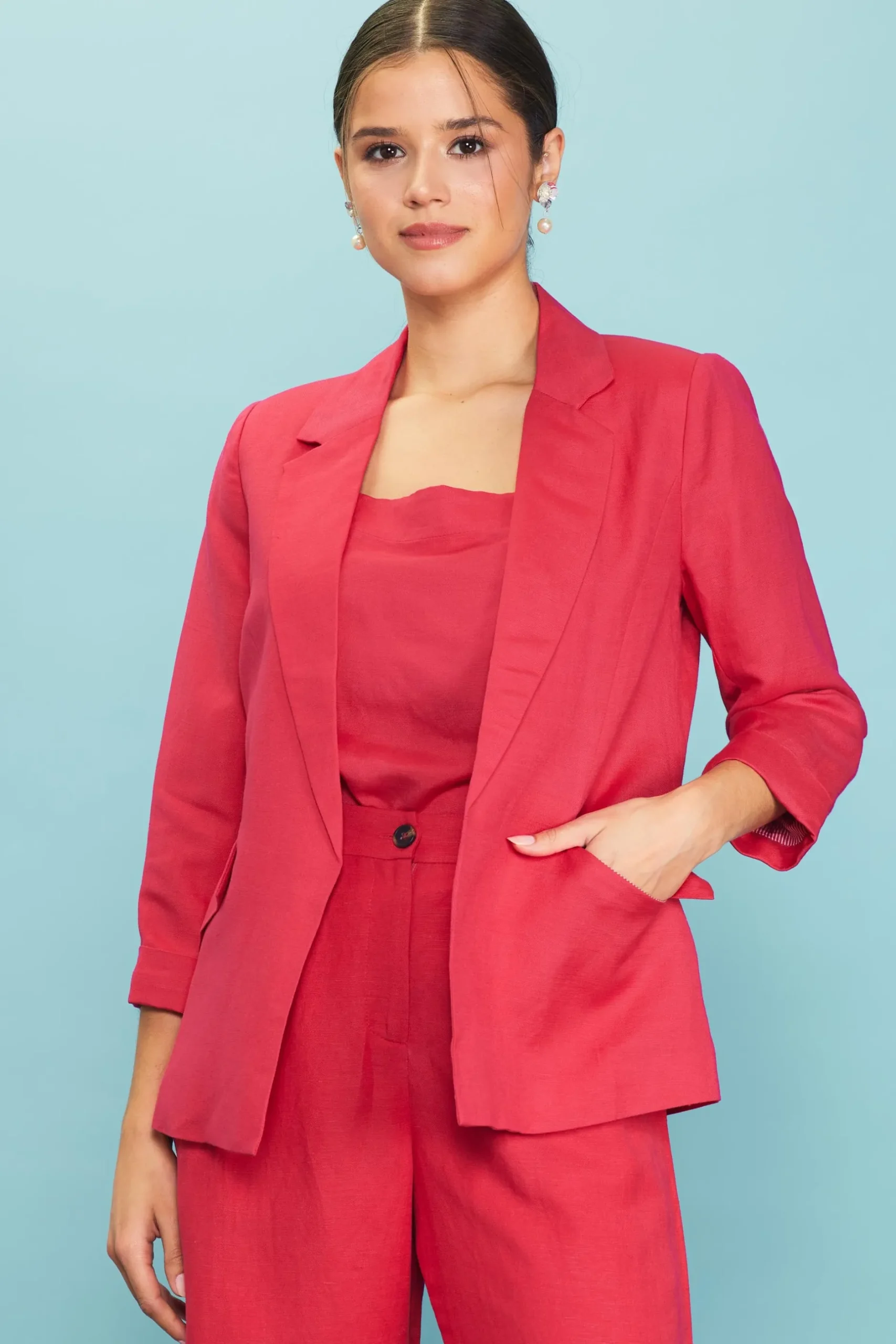 SKIES ARE BLUE Blazers*Linen Blend Three-Quarter Sleeve Blazer Cherry