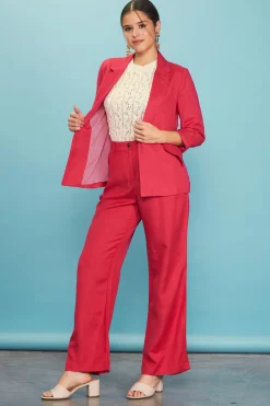 SKIES ARE BLUE Blazers*Linen Blend Three-Quarter Sleeve Blazer Cherry