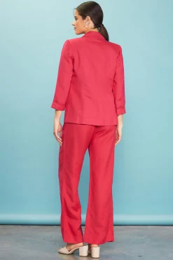 SKIES ARE BLUE Blazers*Linen Blend Three-Quarter Sleeve Blazer Cherry