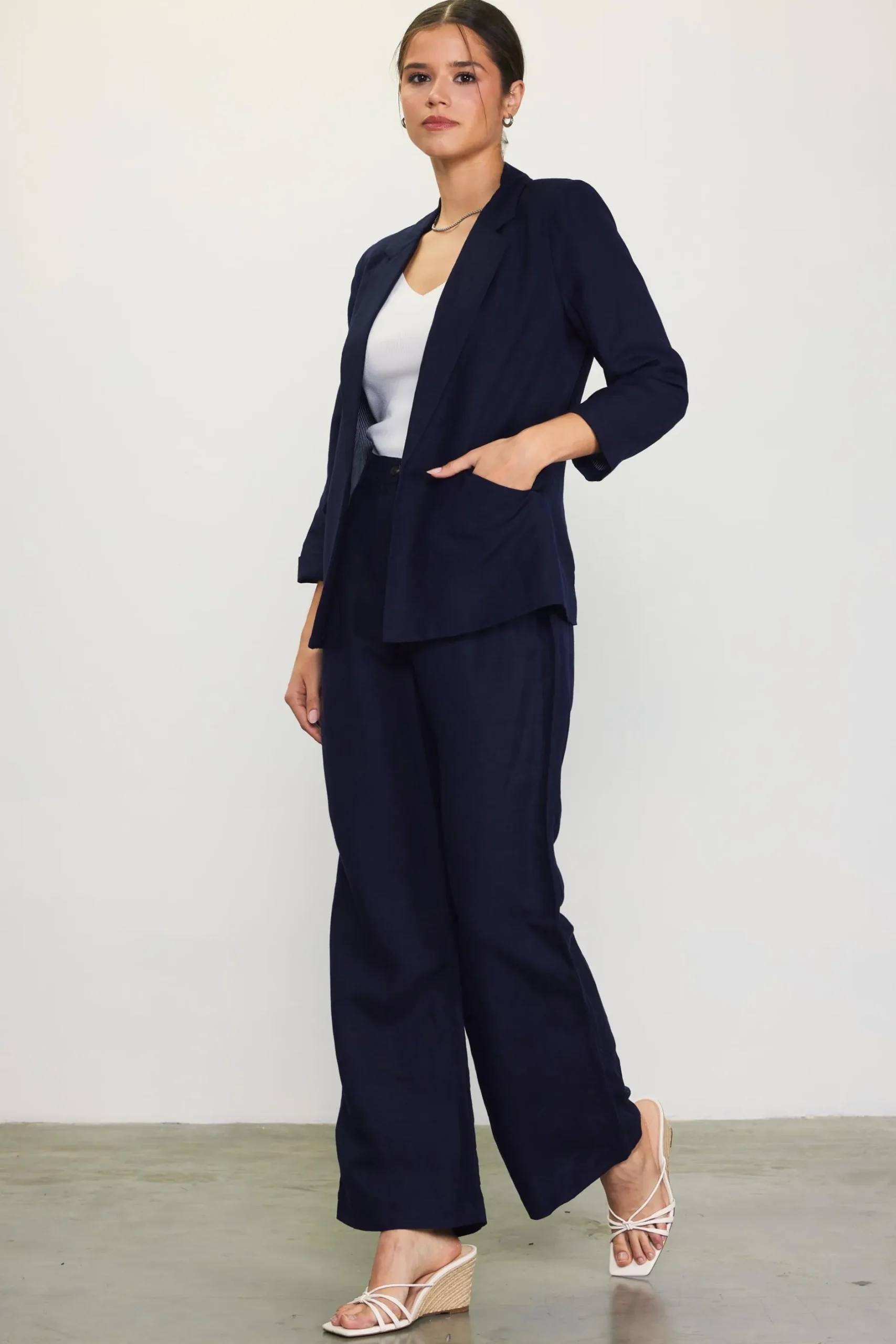 SKIES ARE BLUE Blazers*Linen Blend Three-Quarter Sleeve Blazer Navy