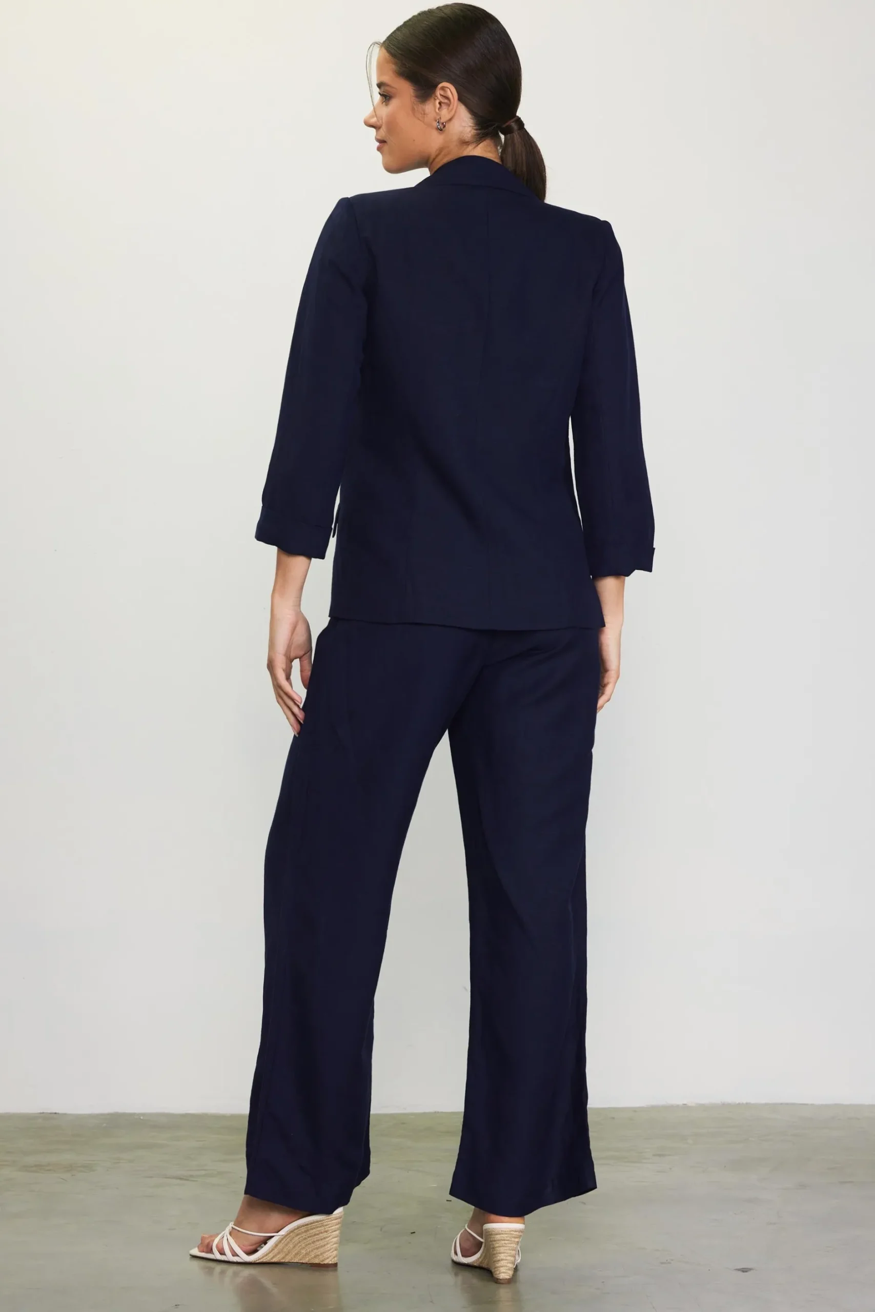SKIES ARE BLUE Blazers*Linen Blend Three-Quarter Sleeve Blazer Navy