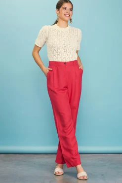 SKIES ARE BLUE Pants*Linen Blend Wide Leg Trousers Cherry