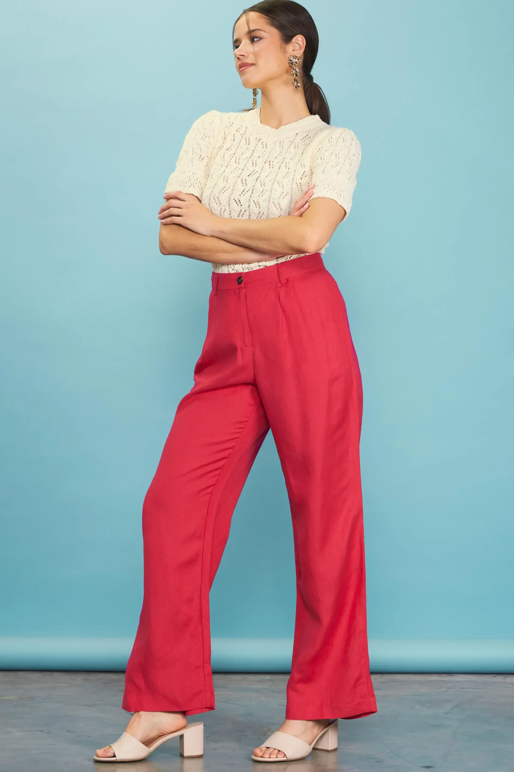 SKIES ARE BLUE Pants*Linen Blend Wide Leg Trousers Cherry