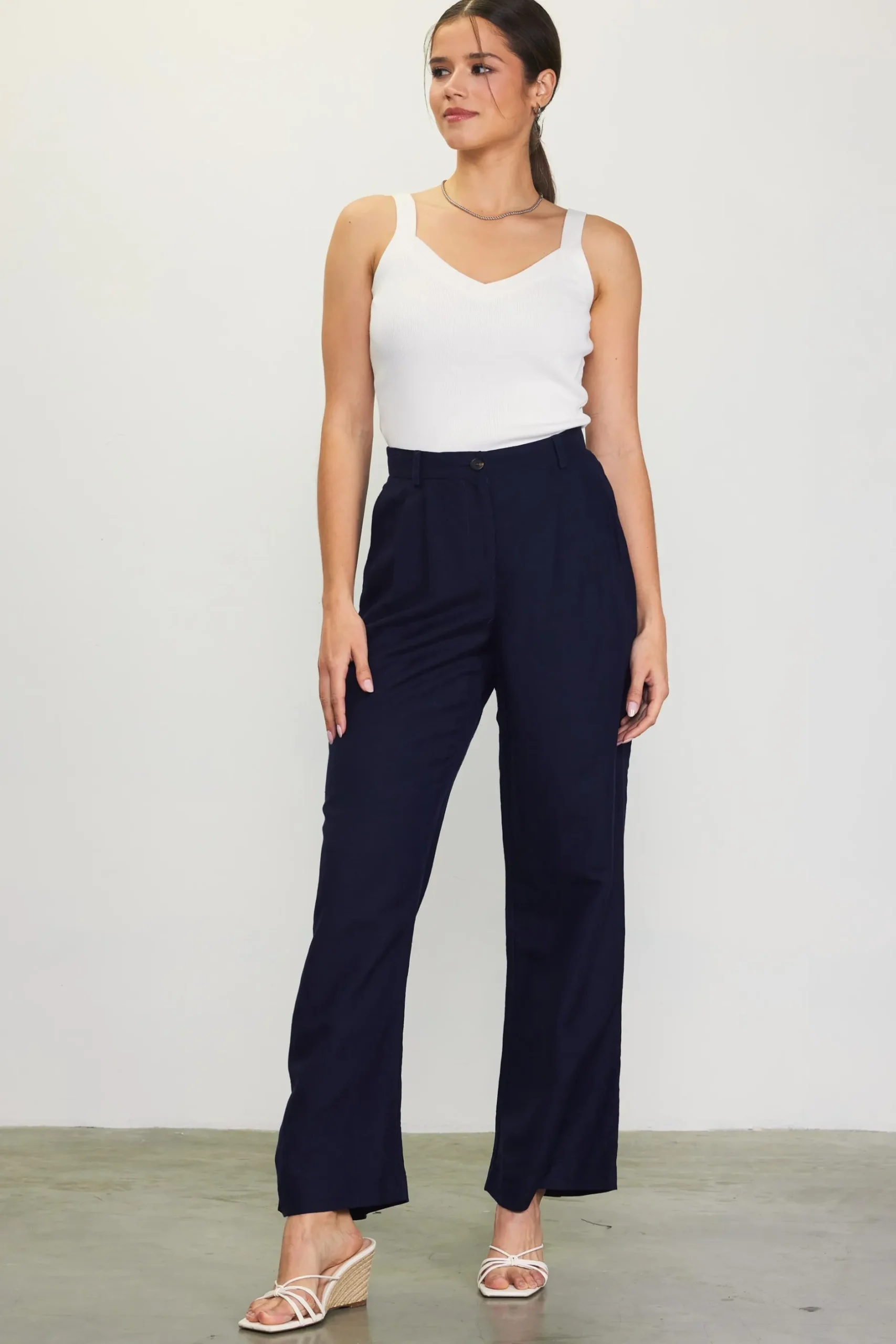 SKIES ARE BLUE Pants*Linen Blend Wide Leg Trousers Navy