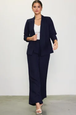 SKIES ARE BLUE Pants*Linen Blend Wide Leg Trousers Navy