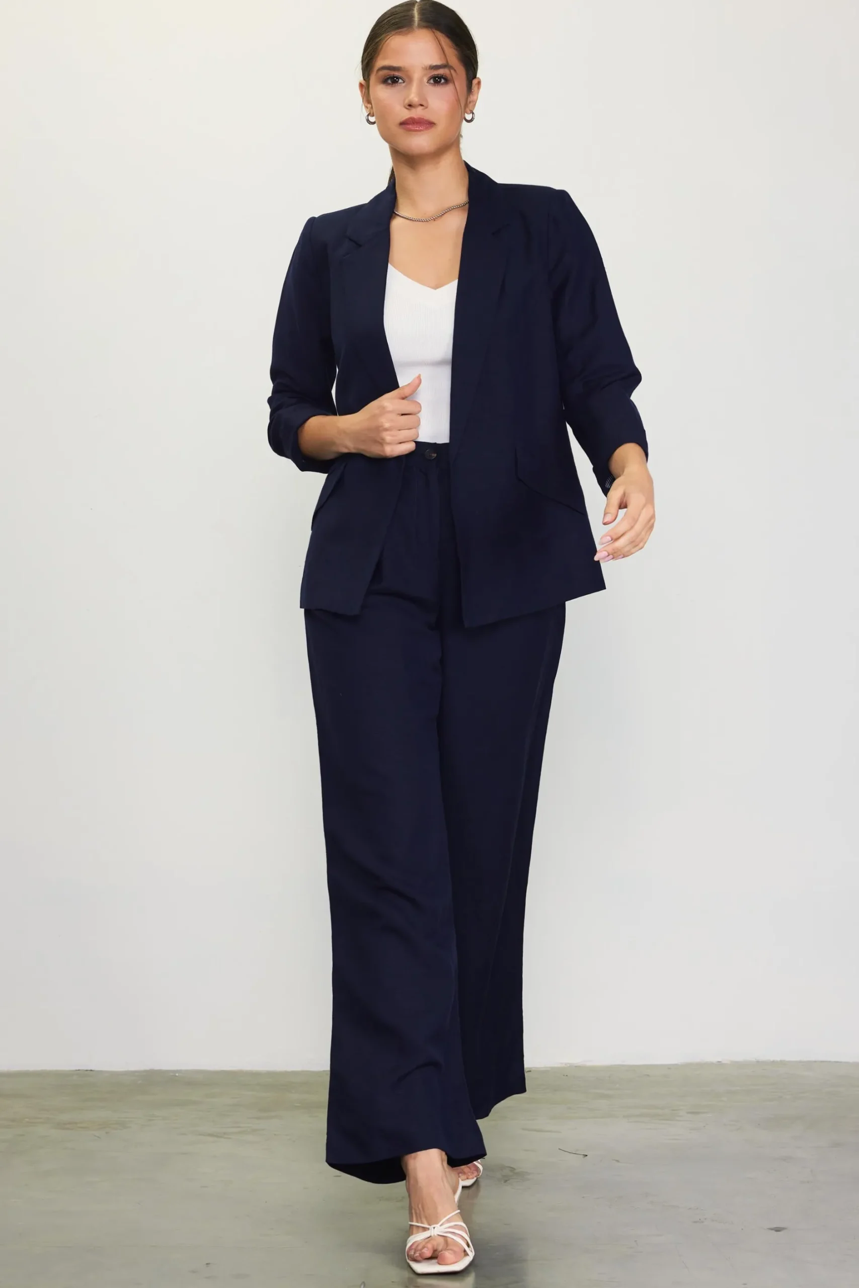 SKIES ARE BLUE Pants*Linen Blend Wide Leg Trousers Navy