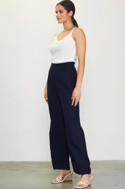 SKIES ARE BLUE Pants*Linen Blend Wide Leg Trousers Navy