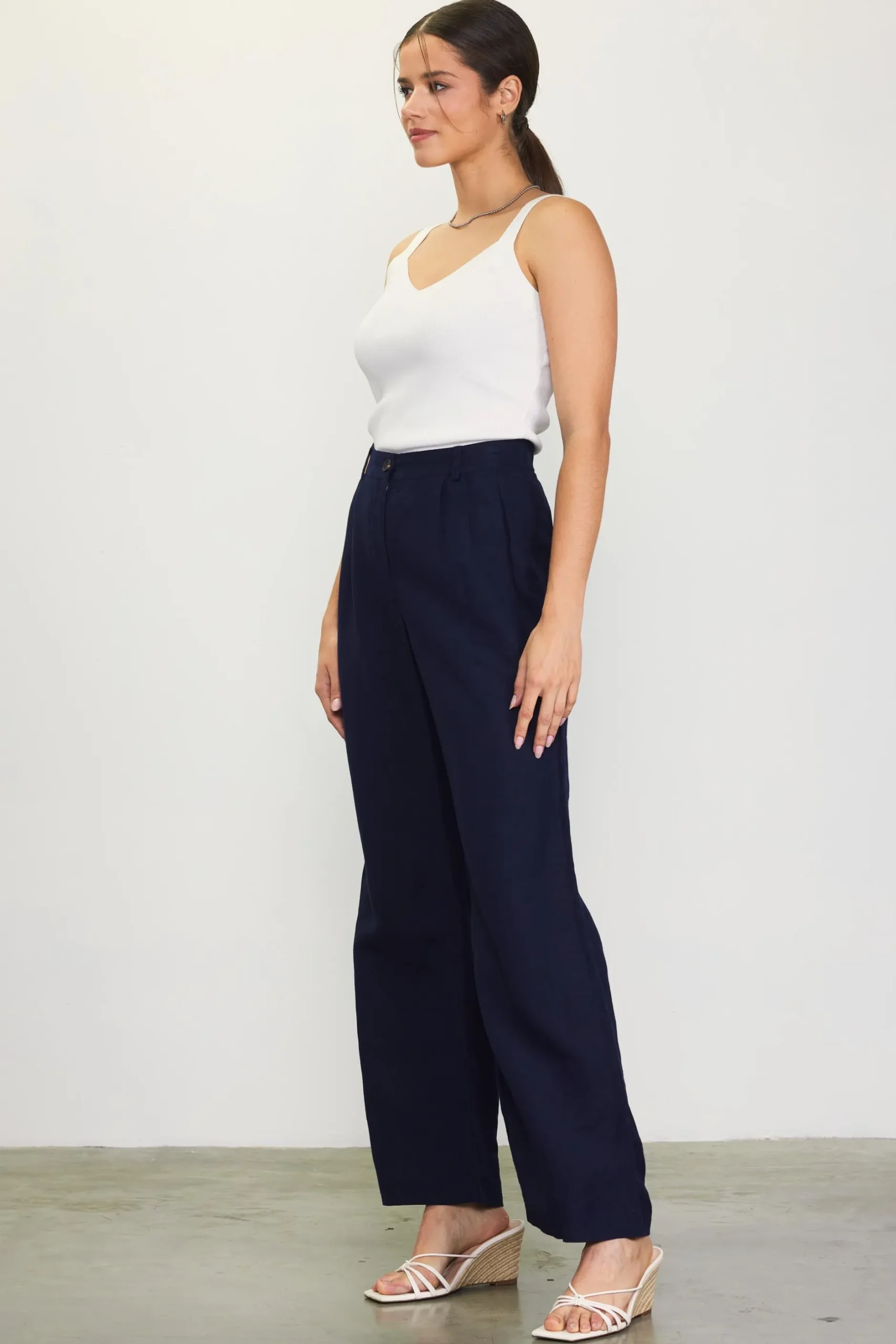SKIES ARE BLUE Pants*Linen Blend Wide Leg Trousers Navy