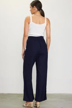 SKIES ARE BLUE Pants*Linen Blend Wide Leg Trousers Navy
