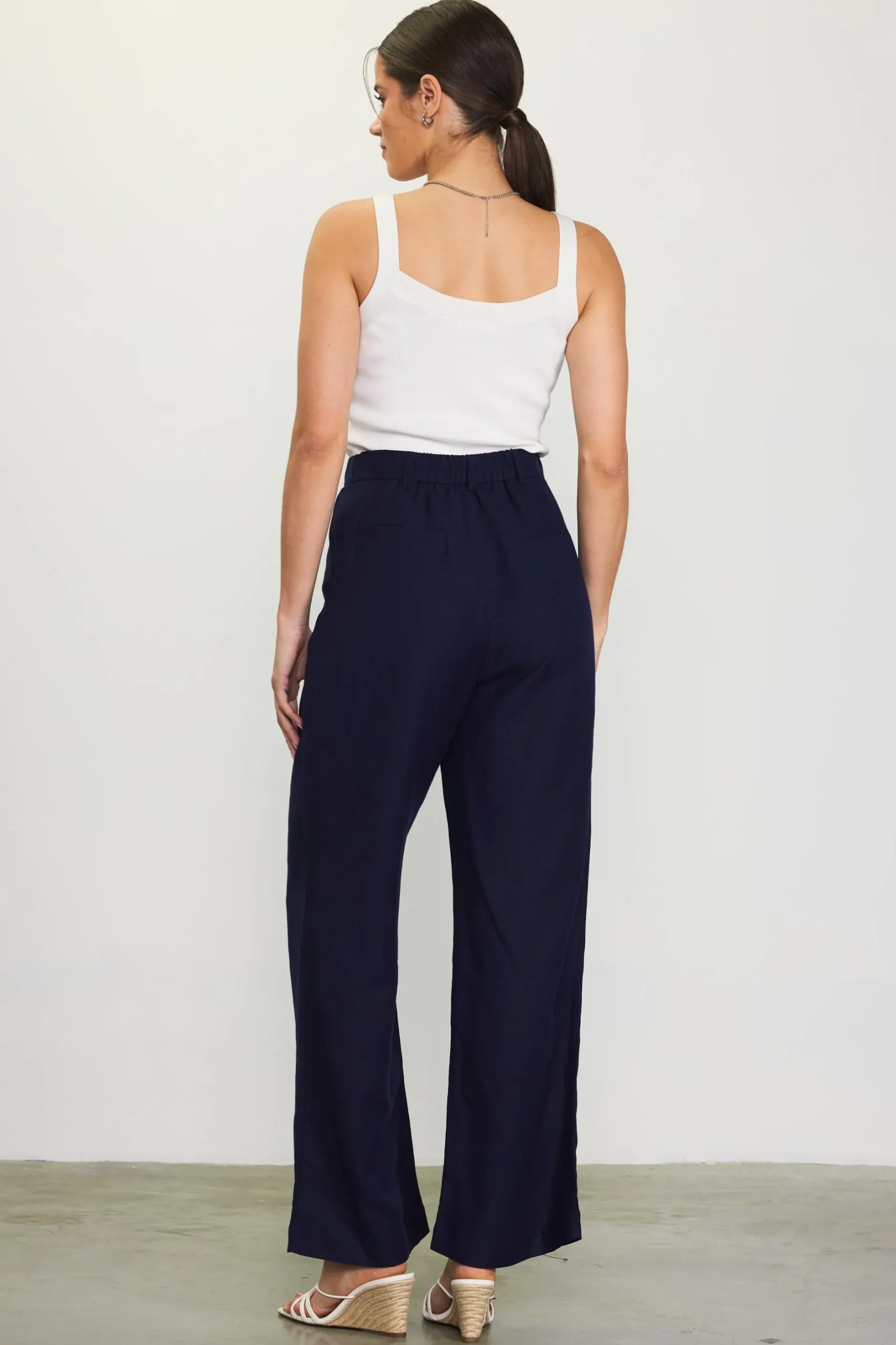 SKIES ARE BLUE Pants*Linen Blend Wide Leg Trousers Navy