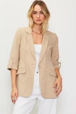 SKIES ARE BLUE Blazers*Linen Pinstripe Cuffed Blazer Latte