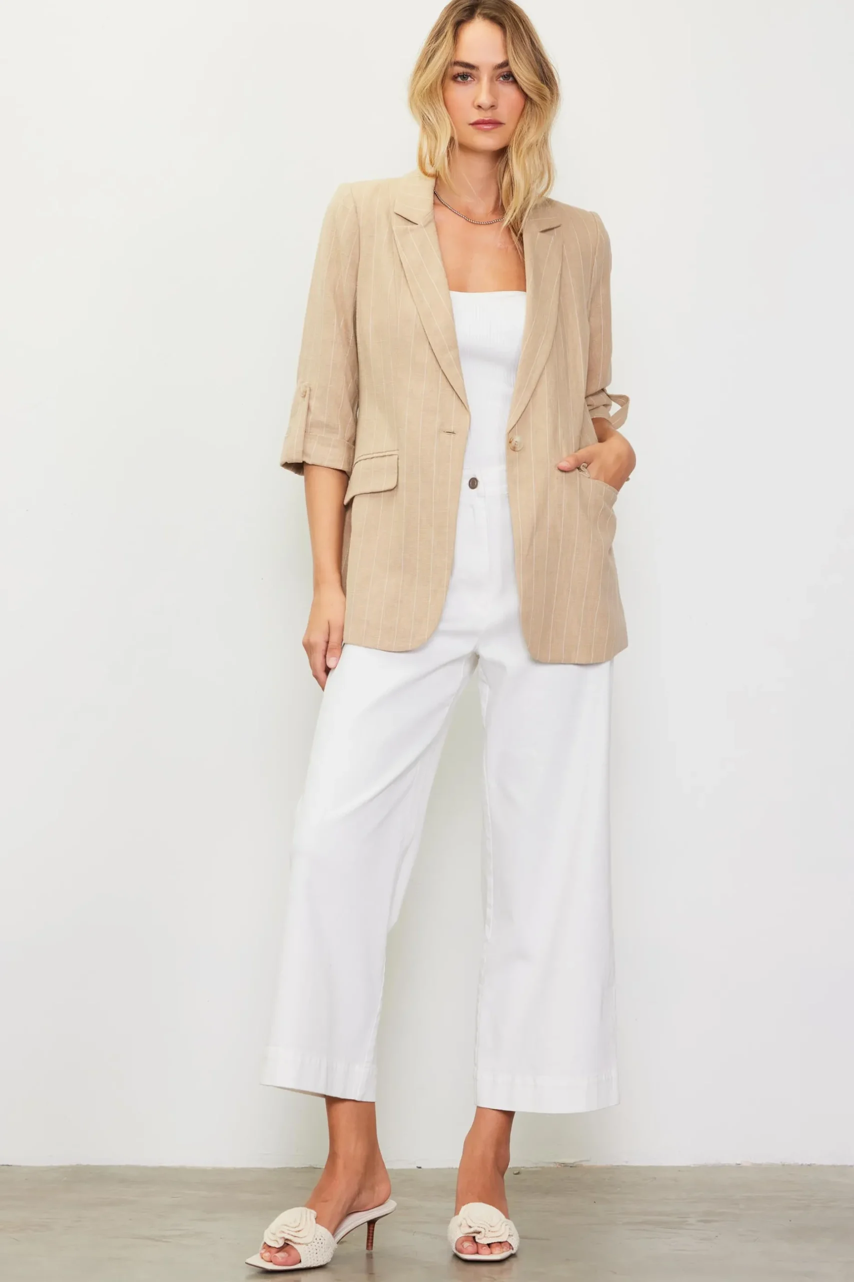 SKIES ARE BLUE Blazers*Linen Pinstripe Cuffed Blazer Latte