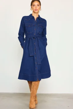 SKIES ARE BLUE Midi Dresses*Long Sleeve Denim Shirt Dress Darkdenim