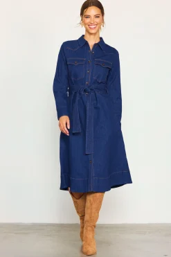 SKIES ARE BLUE Midi Dresses*Long Sleeve Denim Shirt Dress Darkdenim