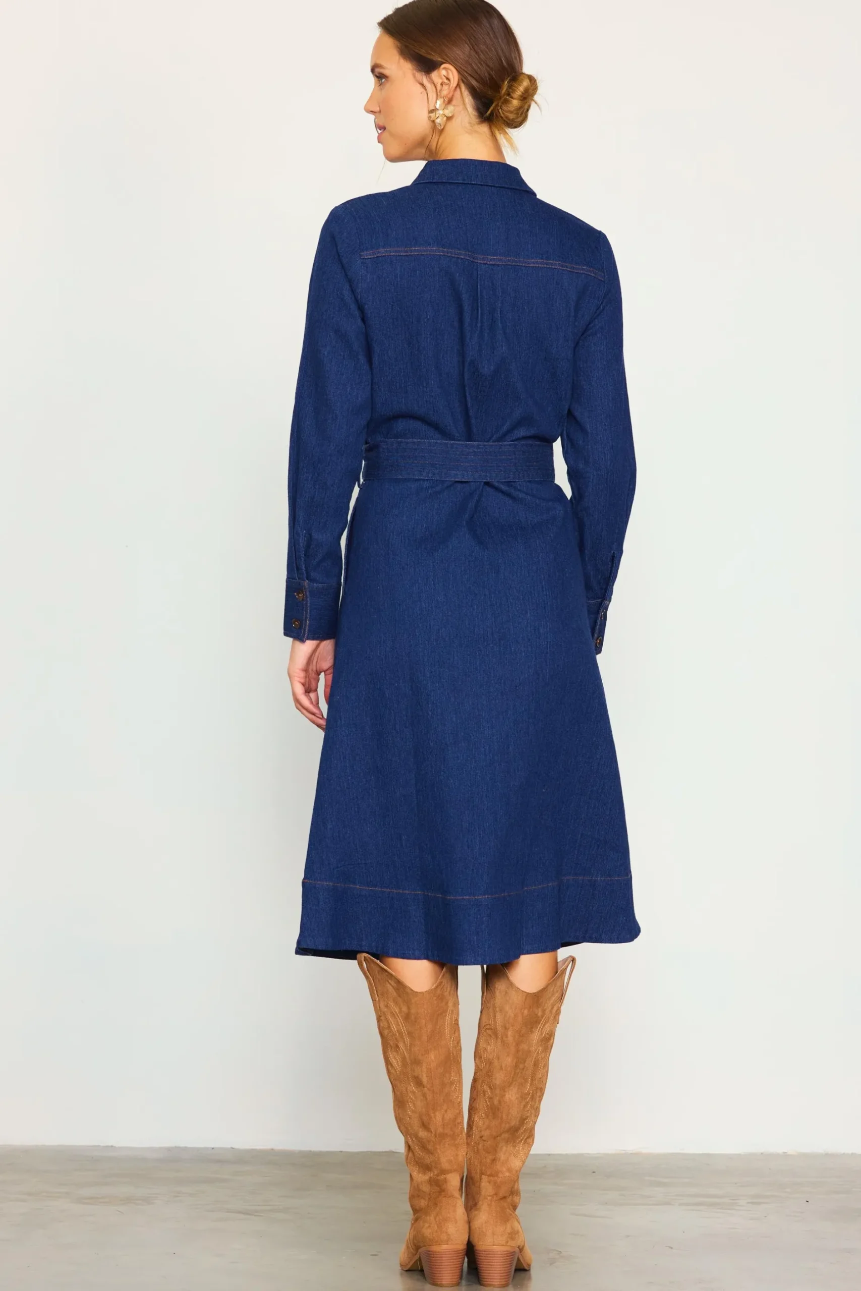 SKIES ARE BLUE Midi Dresses*Long Sleeve Denim Shirt Dress Darkdenim