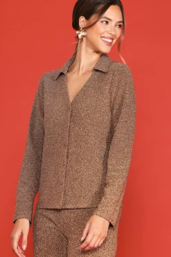 SKIES ARE BLUE Long Sleeve Tops*Lurex Button Down Shirt Rosegold