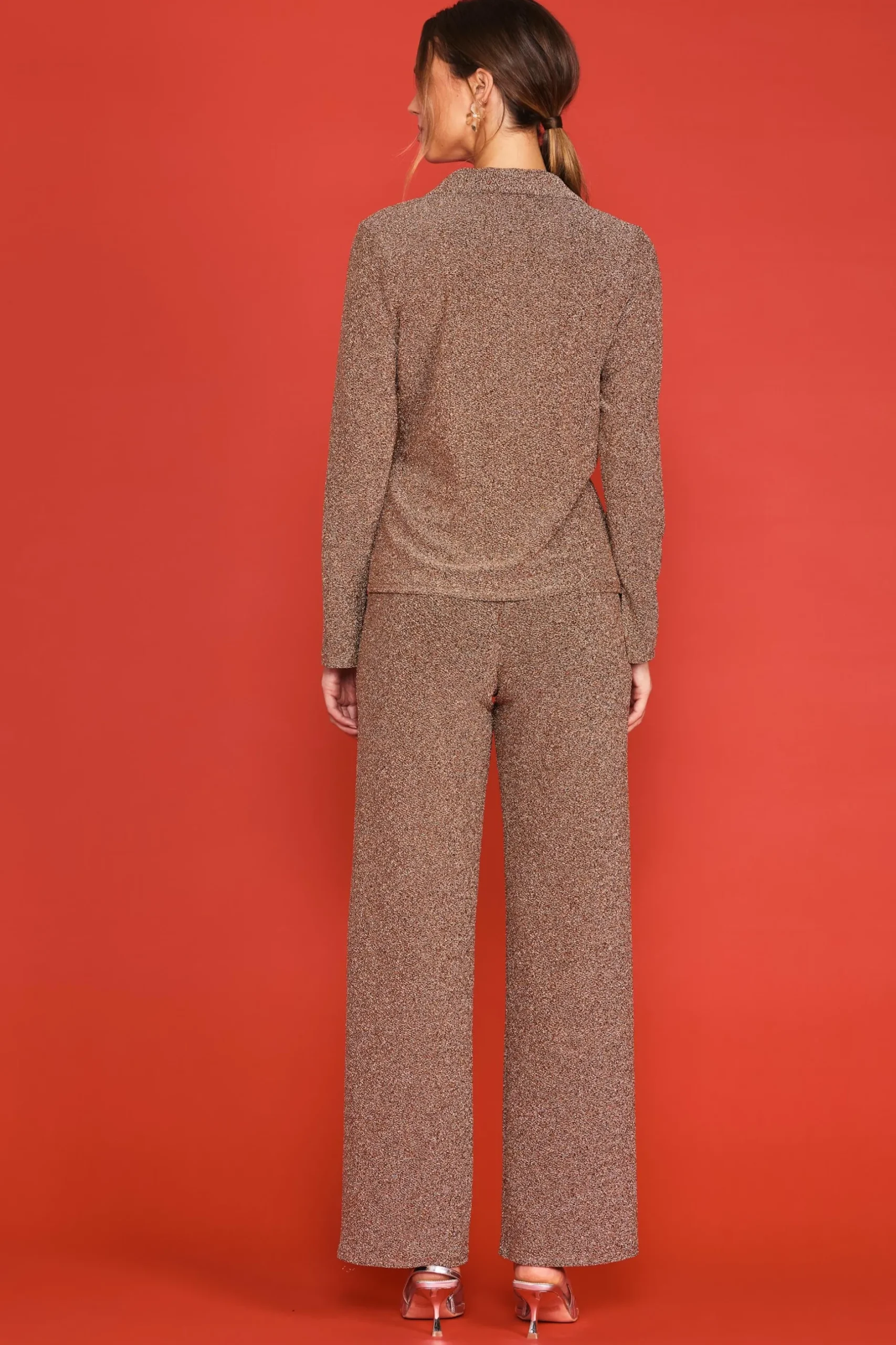 SKIES ARE BLUE Long Sleeve Tops*Lurex Button Down Shirt Rosegold
