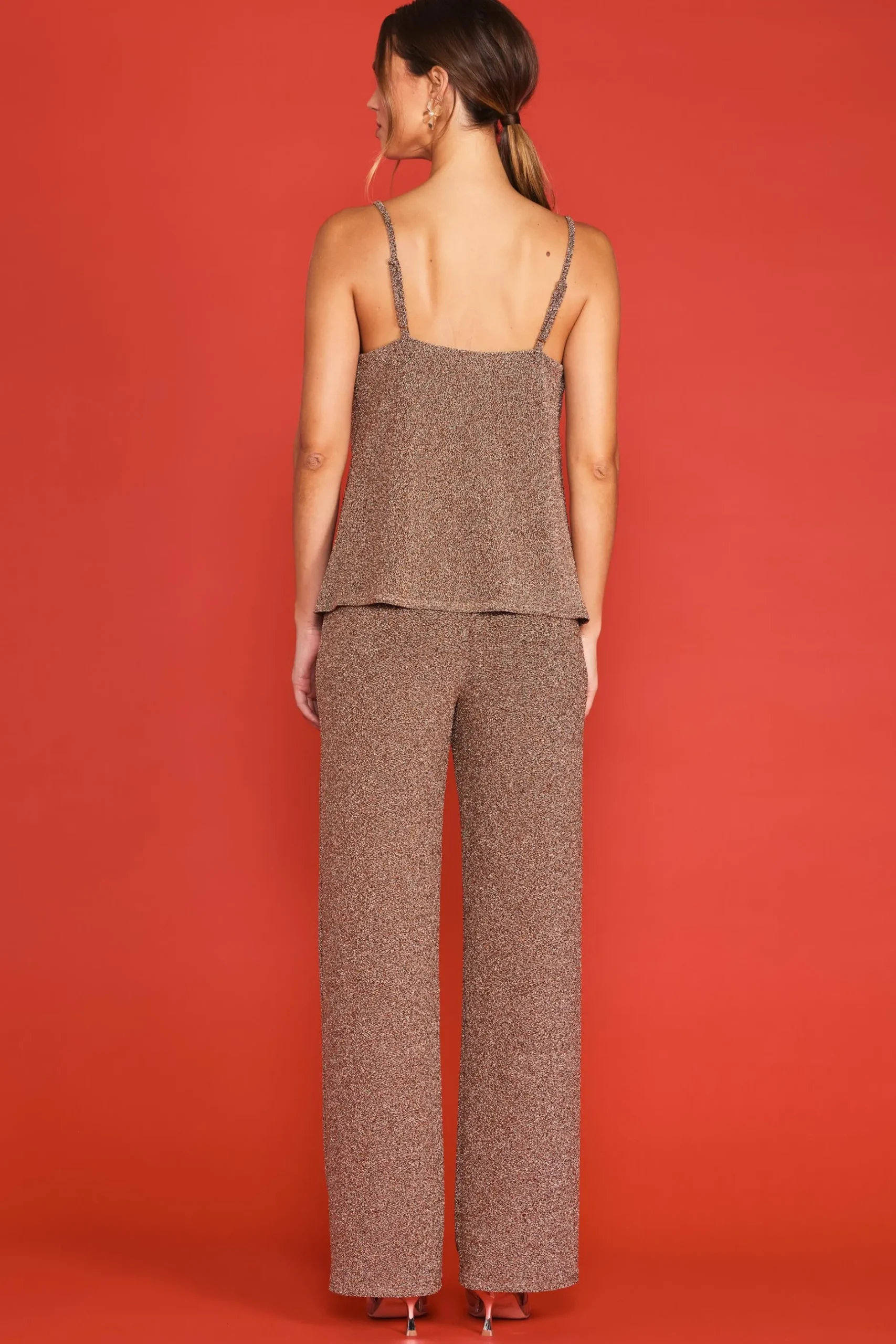 SKIES ARE BLUE Sleeveless Tops*Lurex Cowl Neck Cami Rosegold