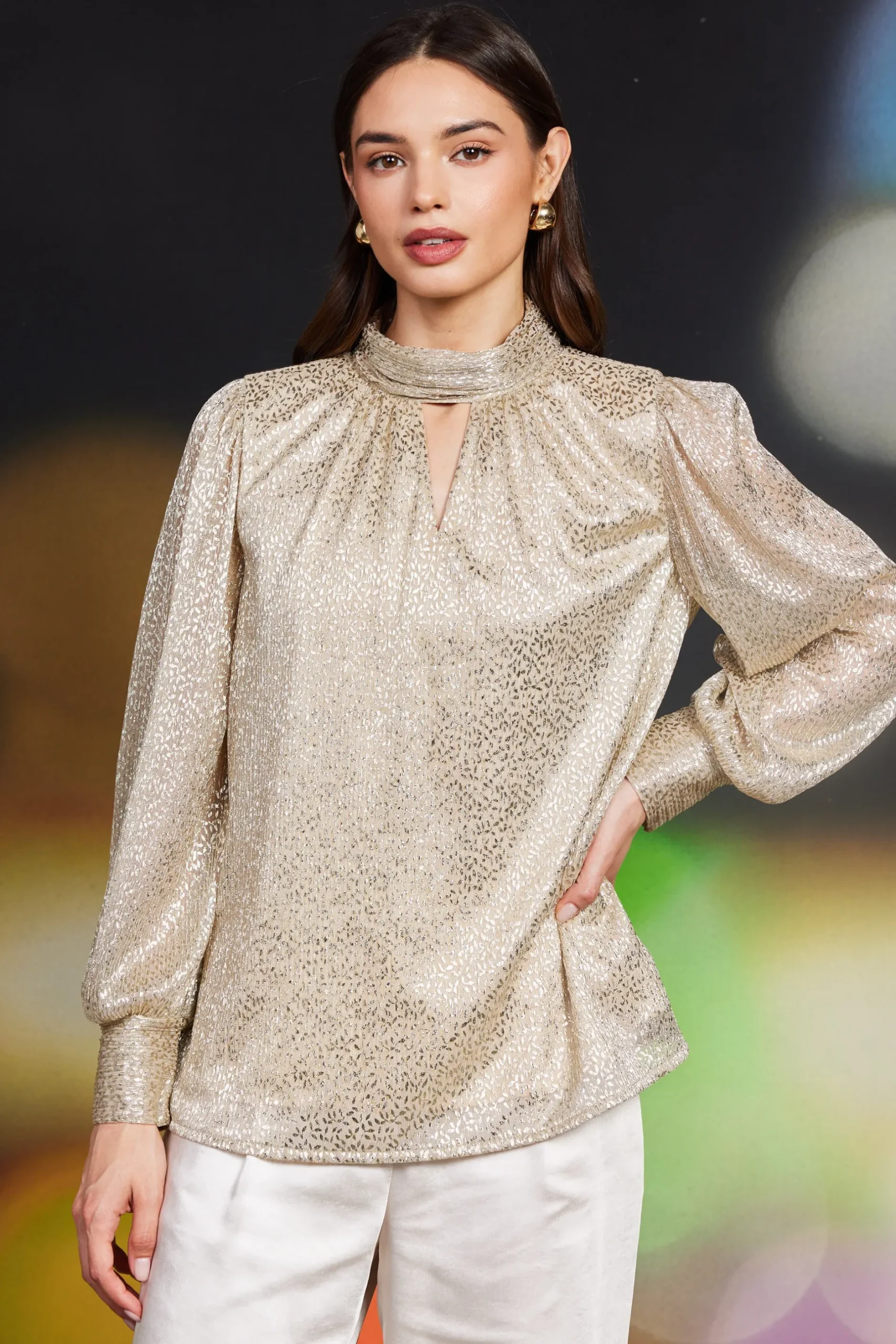 SKIES ARE BLUE Long Sleeve Tops*Lurex Shirred Mock Neck Top Gold