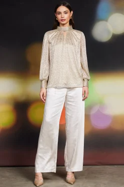 SKIES ARE BLUE Long Sleeve Tops*Lurex Shirred Mock Neck Top Gold