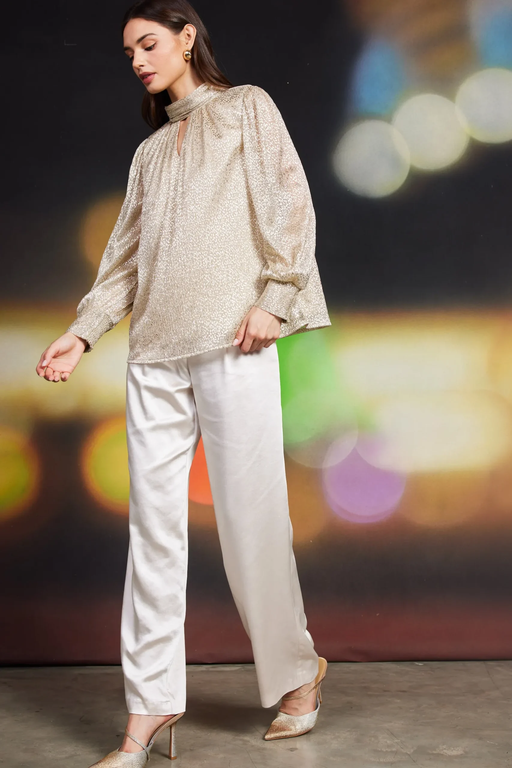 SKIES ARE BLUE Long Sleeve Tops*Lurex Shirred Mock Neck Top Gold