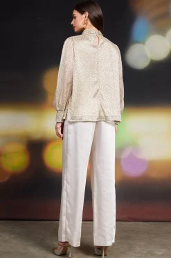 SKIES ARE BLUE Long Sleeve Tops*Lurex Shirred Mock Neck Top Gold