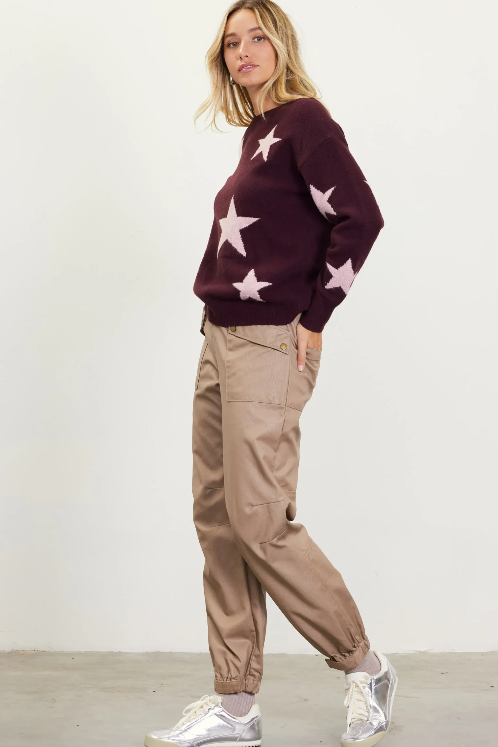 SKIES ARE BLUE Sweaters*Lurex Star Print Sweater Burgundy