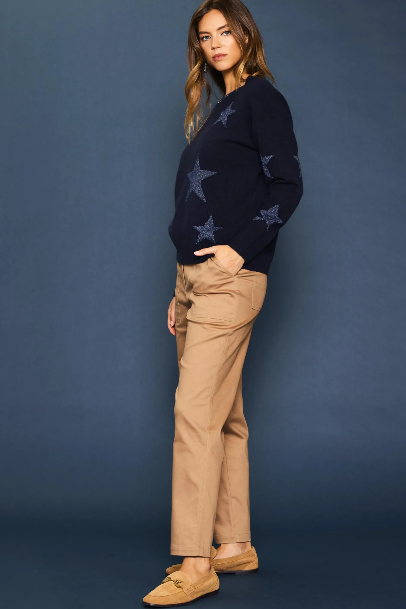 SKIES ARE BLUE Sweaters*Lurex Star Print Sweater Navy