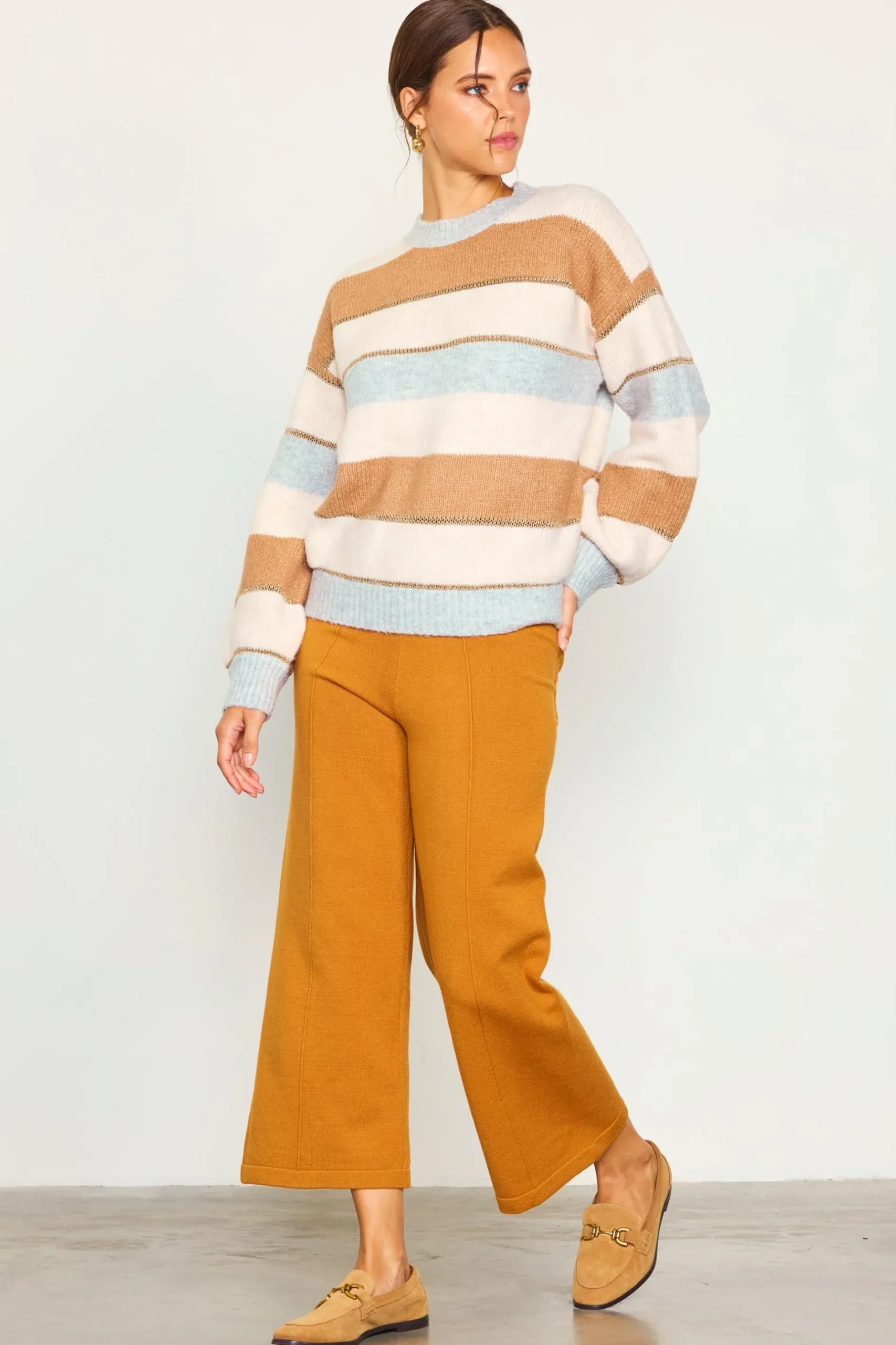 SKIES ARE BLUE Sweaters*Lurex Stripe Oversized Sweater Cream-camel