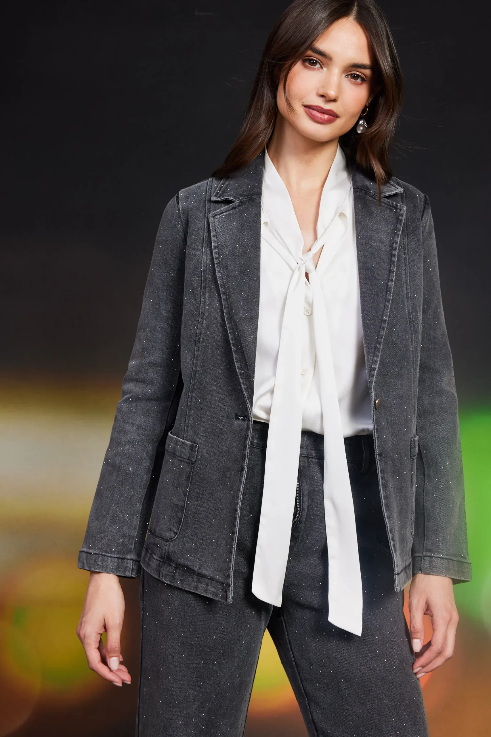 SKIES ARE BLUE Blazers*Lydia Rhinestone Denim Blazer Charcoal
