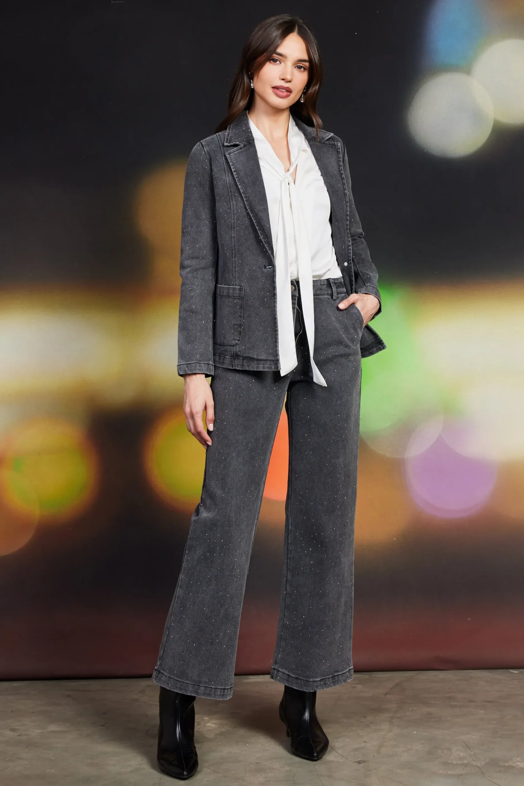 SKIES ARE BLUE Blazers*Lydia Rhinestone Denim Blazer Charcoal