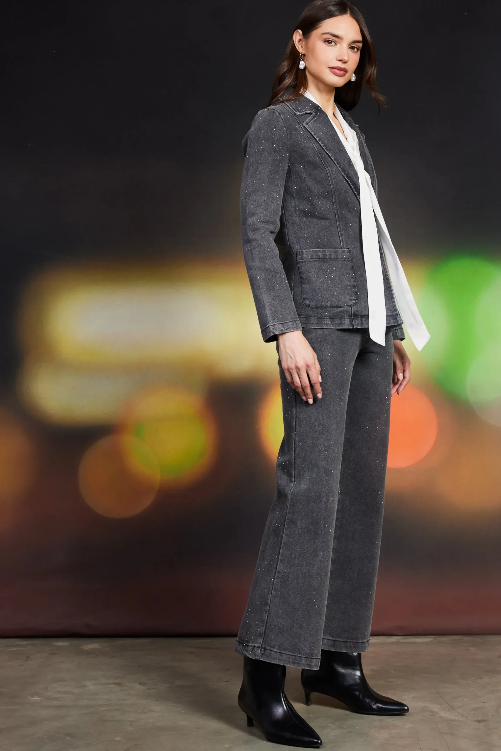 SKIES ARE BLUE Blazers*Lydia Rhinestone Denim Blazer Charcoal