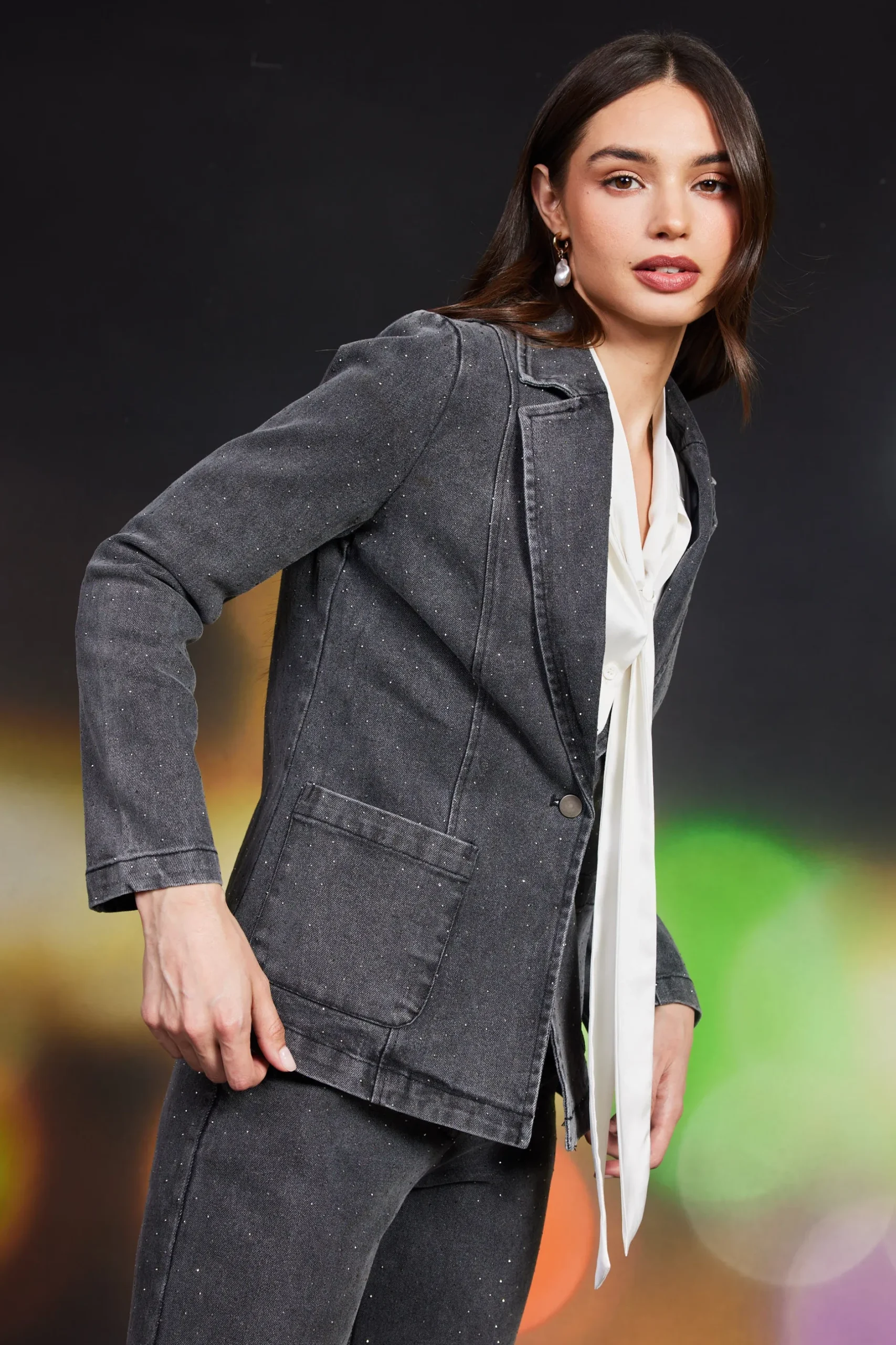 SKIES ARE BLUE Blazers*Lydia Rhinestone Denim Blazer Charcoal