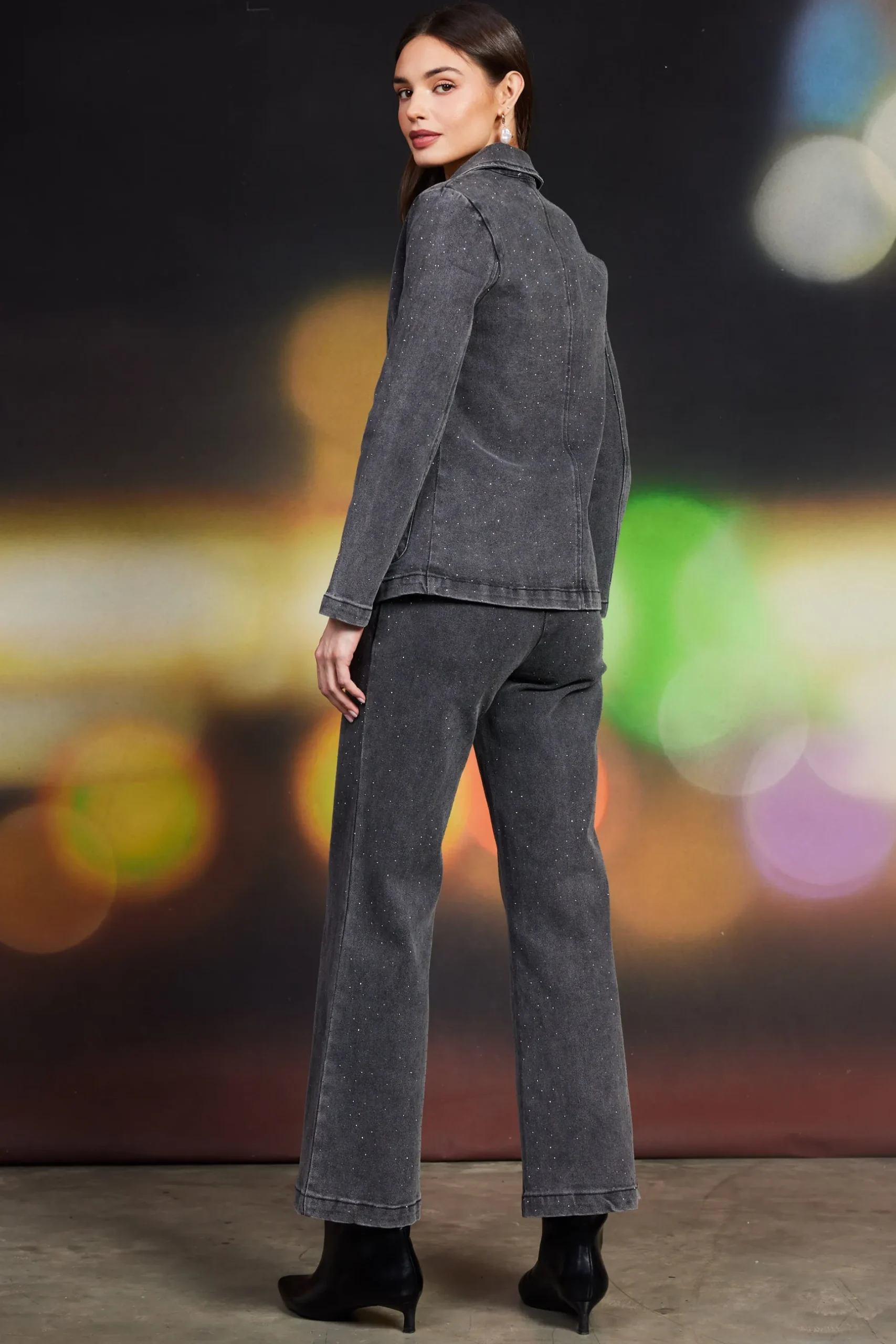 SKIES ARE BLUE Blazers*Lydia Rhinestone Denim Blazer Charcoal