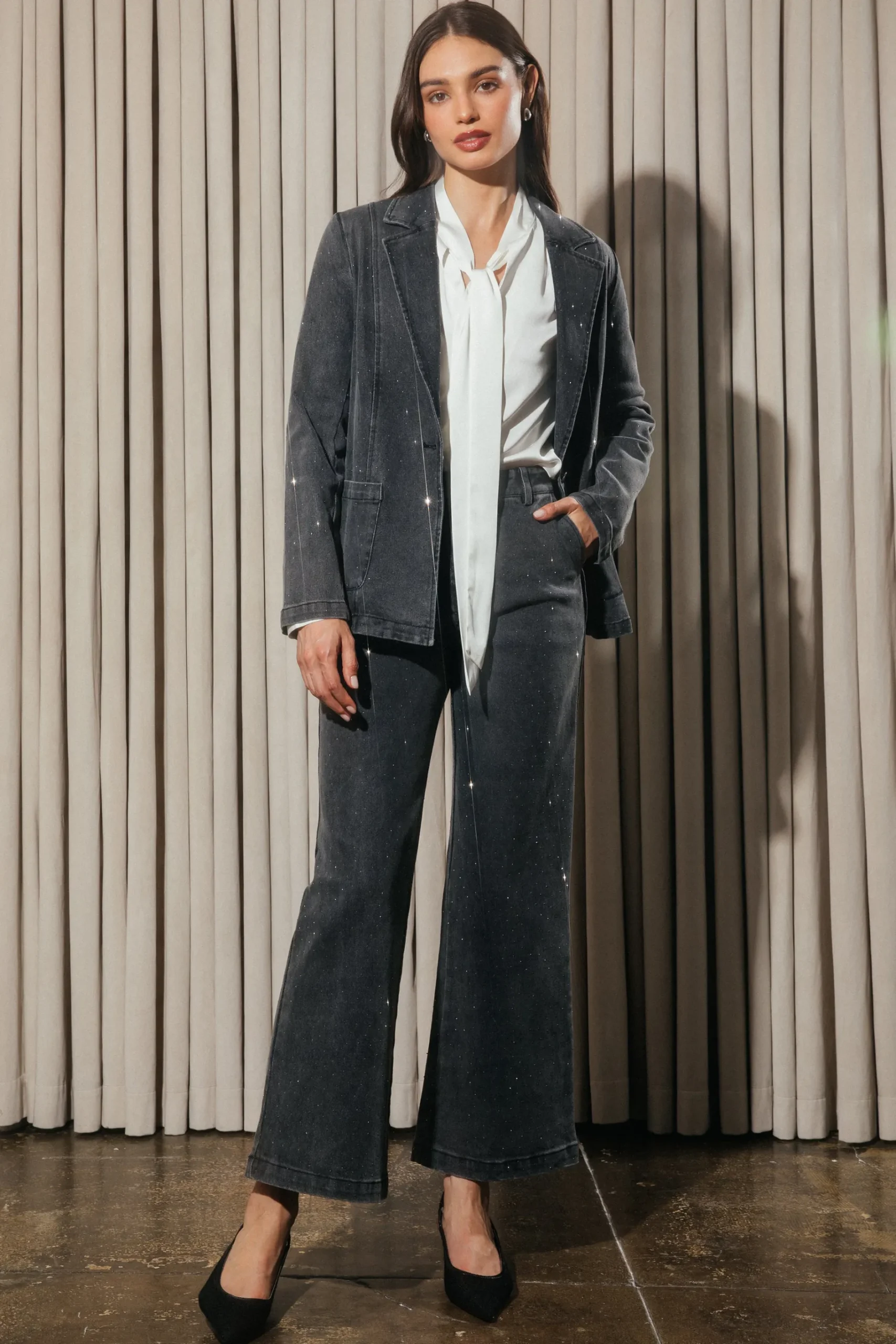 SKIES ARE BLUE Pants*Lydia Rhinestone Denim Pants Charcoal