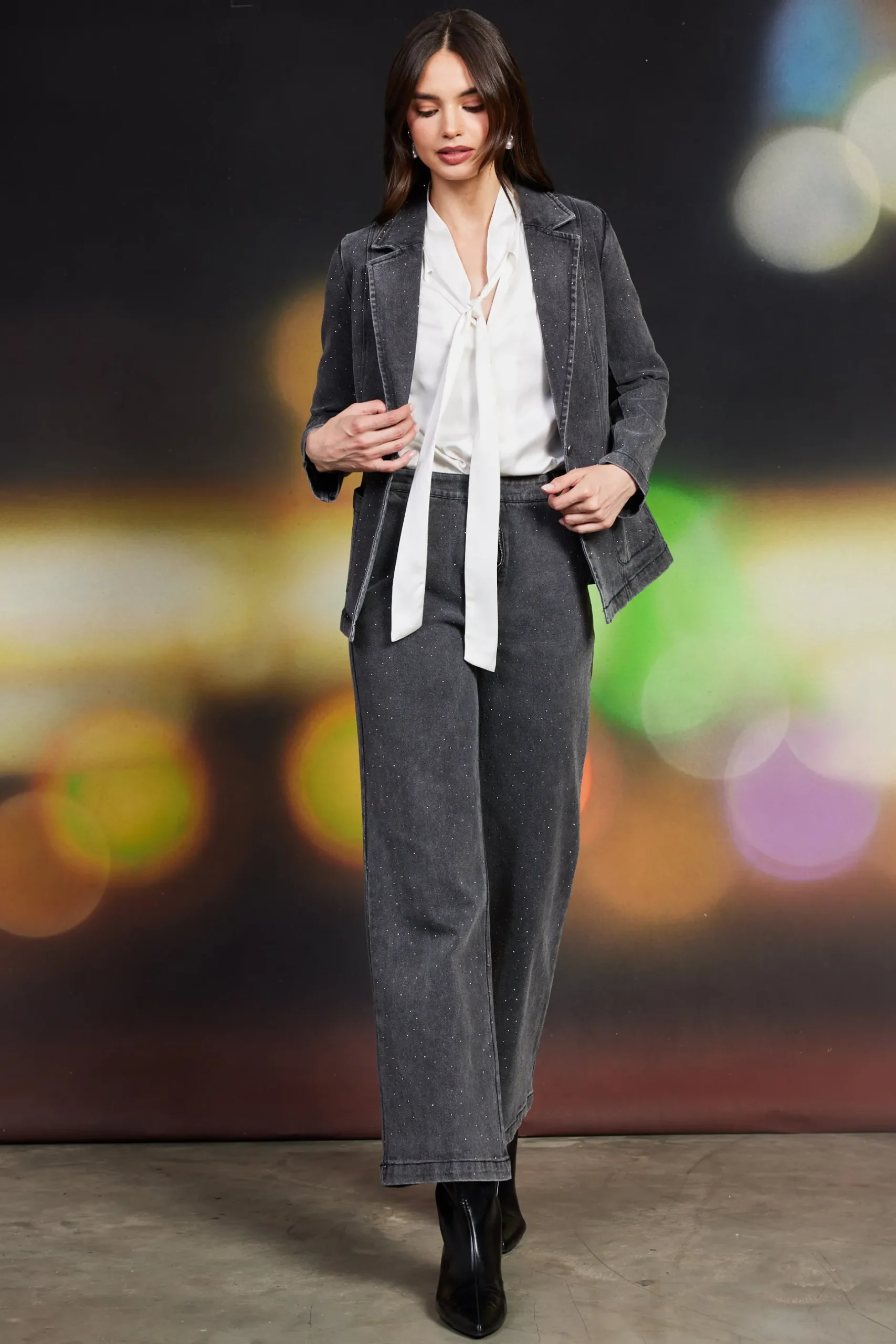 SKIES ARE BLUE Pants*Lydia Rhinestone Denim Pants Charcoal