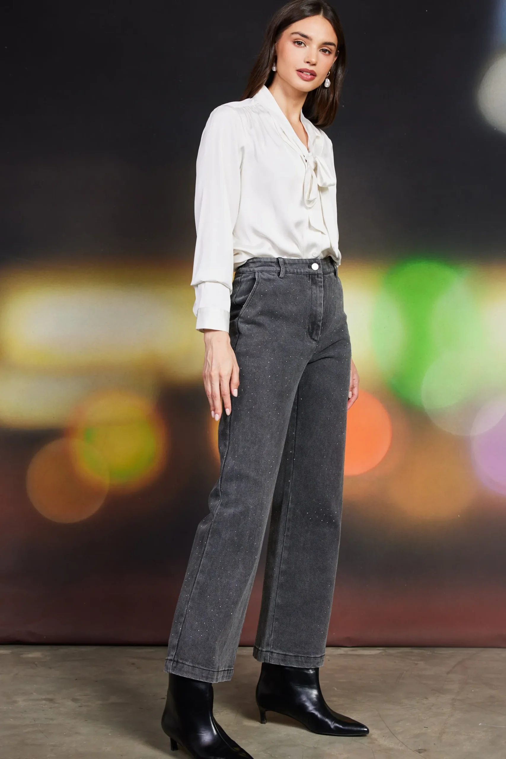 SKIES ARE BLUE Pants*Lydia Rhinestone Denim Pants Charcoal