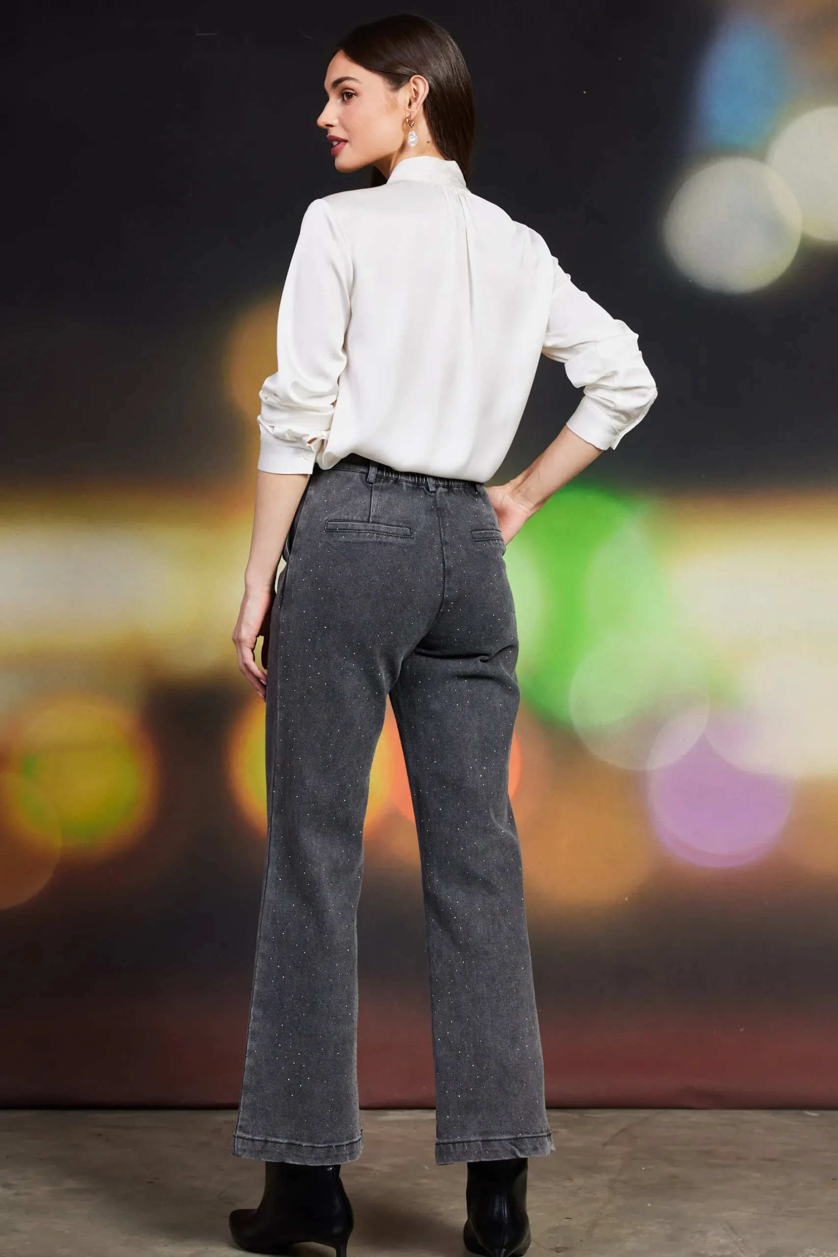 SKIES ARE BLUE Pants*Lydia Rhinestone Denim Pants Charcoal