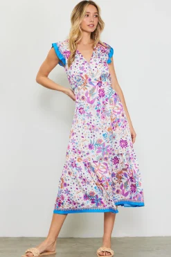 SKIES ARE BLUE Midi Dresses*Magnolia Border Print Flutter Sleeve Dress Floralcapriblue